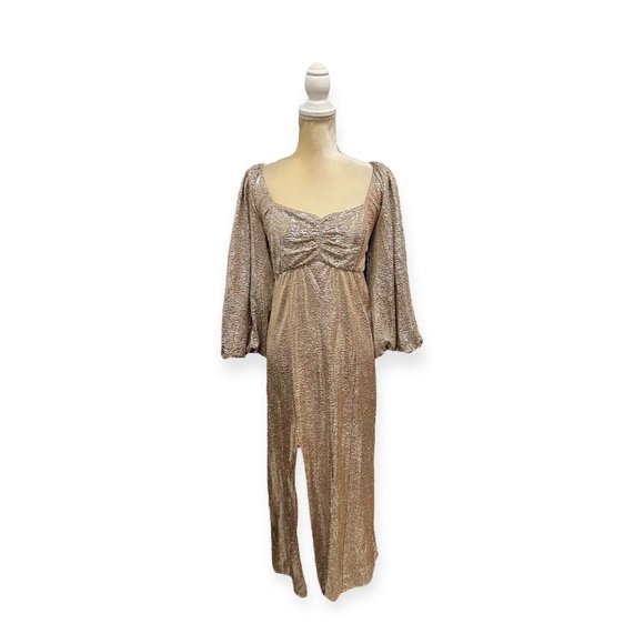 Show Me Your Mumu Sydney Gold Midi Dress Metallic Sparkles Size M Medium - Picture 2 of 11